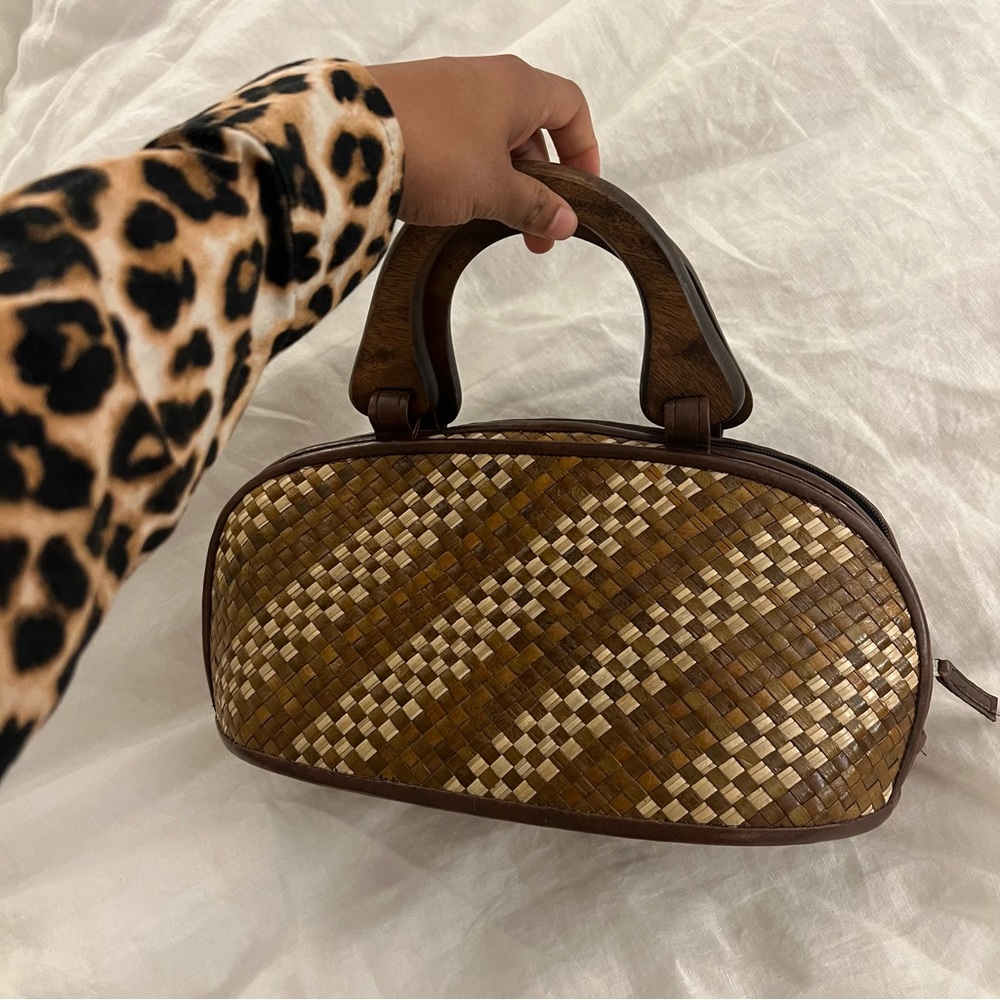 Vintage Woven Bag Wood Handles Leather trim